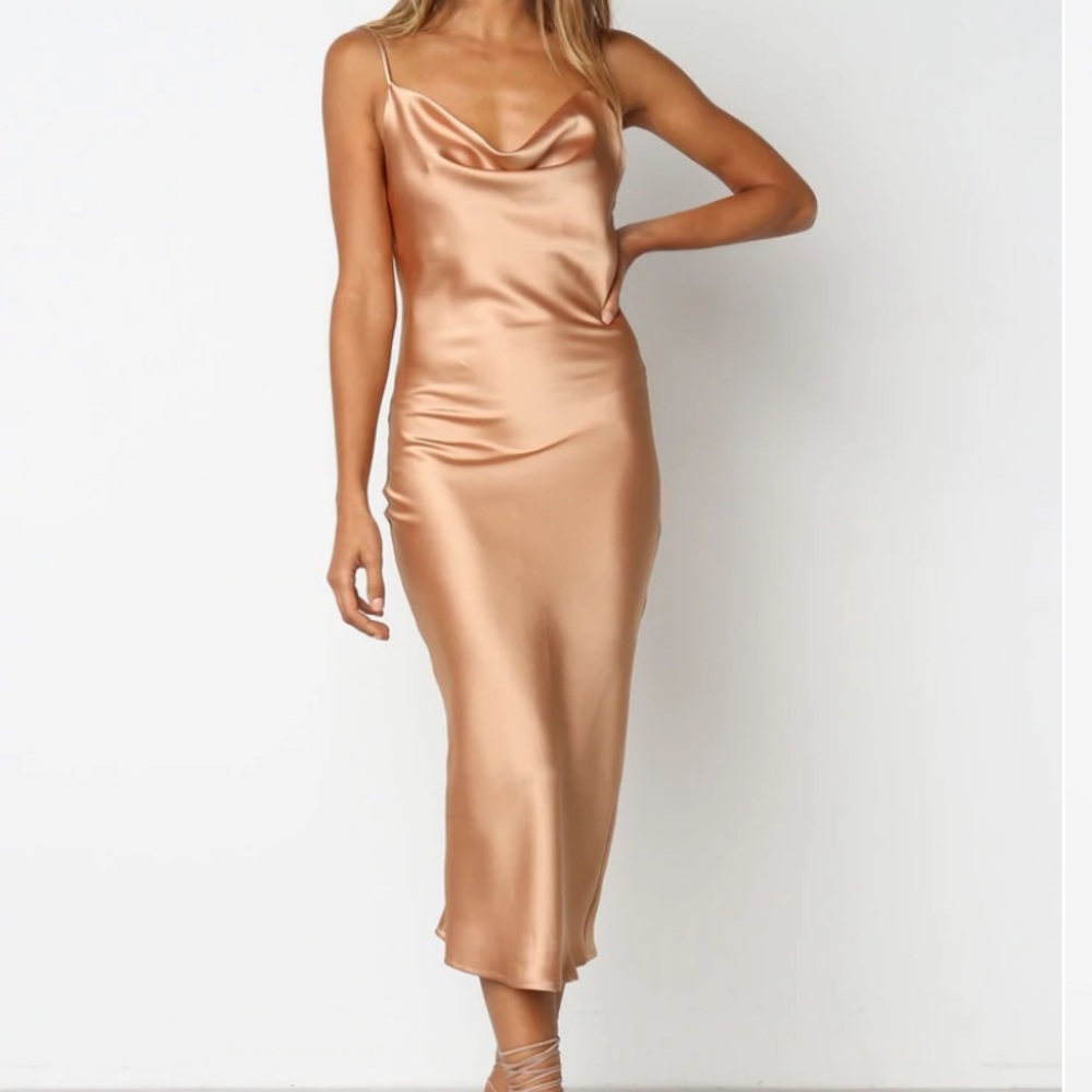 Petal & Pup, gold, midi length, cowl neck, back split, satin sheen finish,size 2